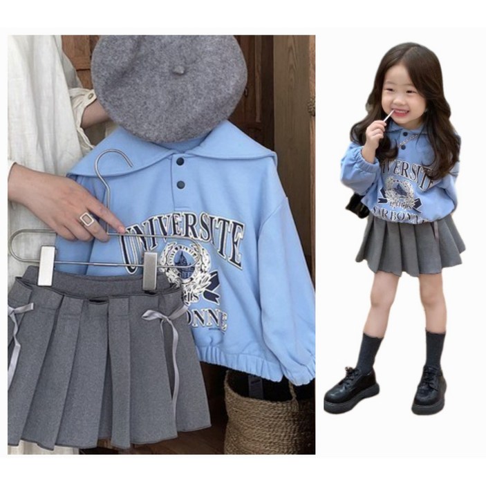 해피팡팡 - 봄 가을 키즈 여아용 빅카라 티셔츠 주름치마세트 맨투맨 상하복  긴팔티셔츠 치마 2종 (팡팡유니버시티치마투피스- 2종set)여아상하복 세트 자매룩  입학식 졸업식 명절