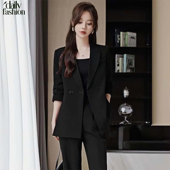 웨일쓰 봄가을 캐주얼 정장 세트 여성 오피스룩 와이드팬츠 투피스 세트