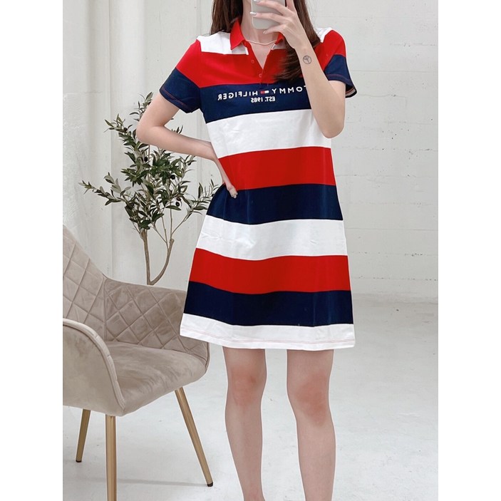 타미힐피거 여성 로고 프린트 스트라이프 카라원피스