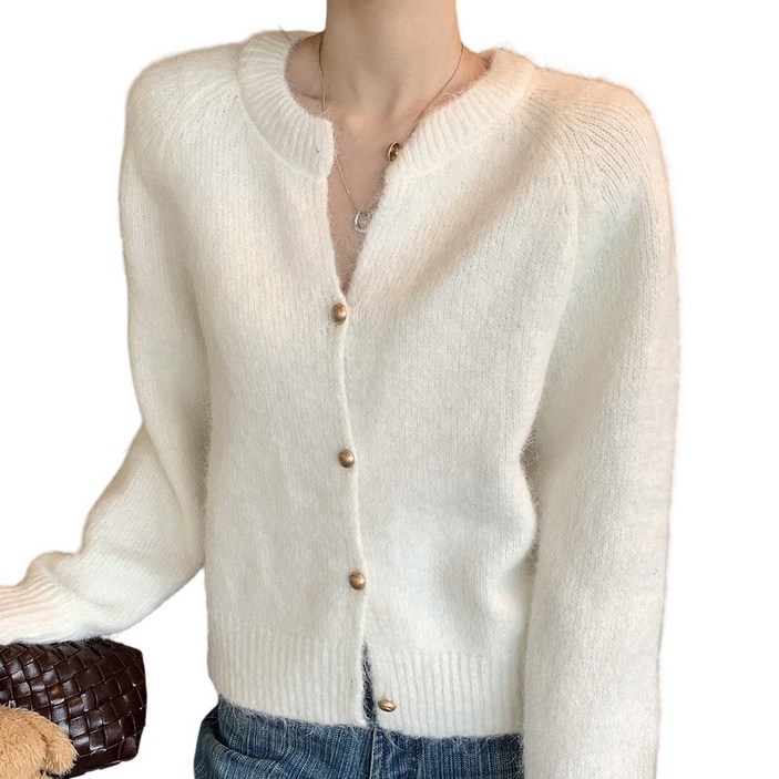 보씨엘 여성 헤어리 니트 가디건 라운드넥 가을 겨울 베이직 스웨터 멜란지