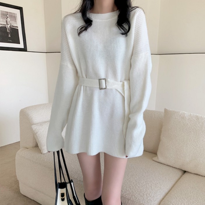 라라홀리 베이직 심플 라운드넥 골지 허리벨트 니트 원피스