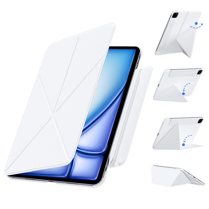 AITEWO 아이패드 케이스 삼각형거치모드 네 가지 각도조절 마그네틱 펜슬수납 미니 에어4/5/6/7 프로7/6/5/4/3/2세대 10.9/11/12.9/13인친 M2 M3 M4, 화이트, 1개