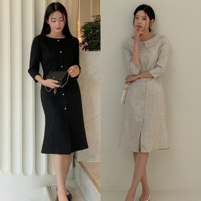 이삼사 트위드 7부 슬림핏 머메이드 하객룩 롱 원피스 2컬러