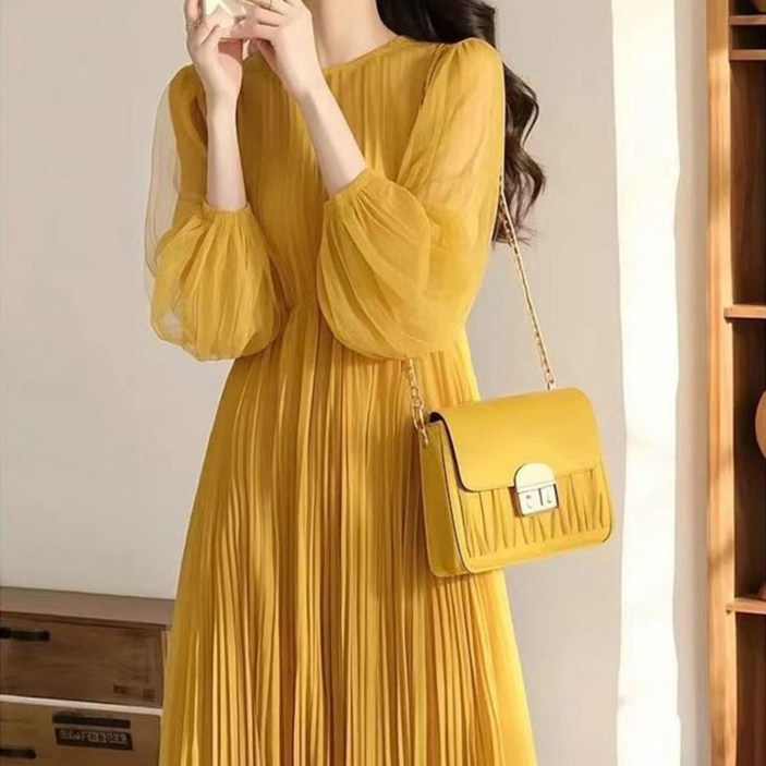 여성 긴팔 쉬폰 롱 원피스 여성 봄 가을 프랑스 스타일 주름 배색 솔리드 컬러 라운드넥 원피스 LCL