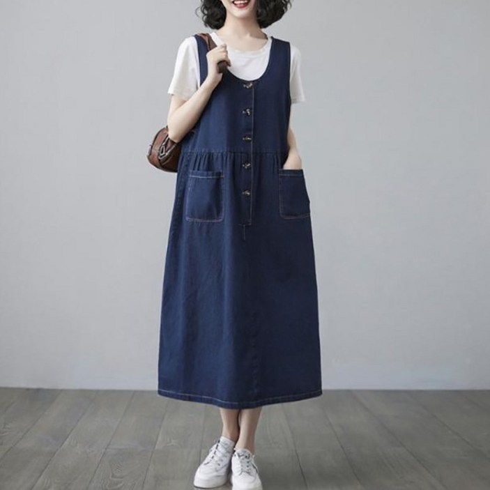 ORZQU 여성 여름 캐주얼 루즈핏 청멜빵원피스 패션  슬리브리스 롱 청치마