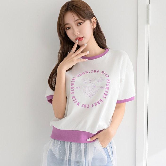 부루앤쥬디 배색 플라워 자수 반팔 티셔츠 ORDTG505A