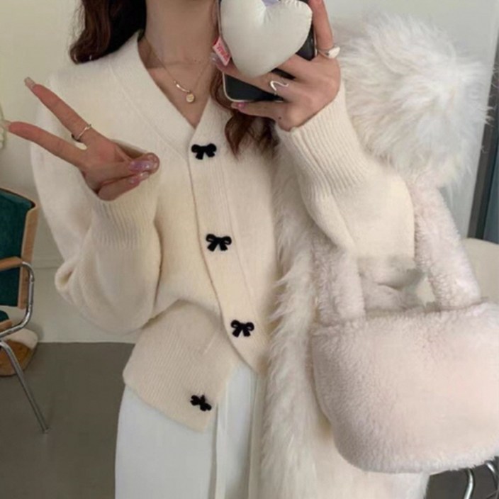 피어니스트 여성용 리본단추 니트 가디건