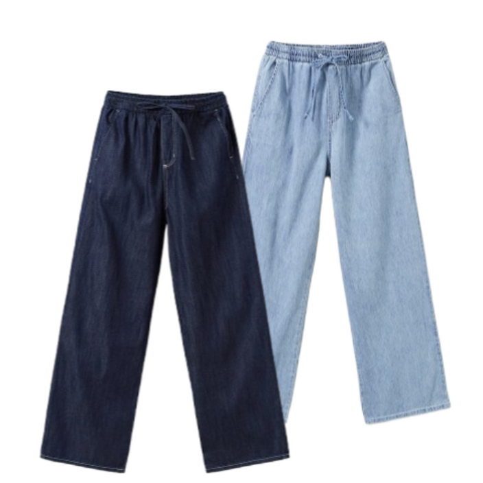 스파오 여성 데님 와이드 밴딩 스트링 진 팬츠 국내매장