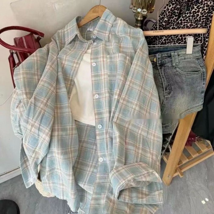 해피유통 여성 봄여름 체크 셔츠 캐주얼룩 플랫칼라 긴팔 루즈핏bhf