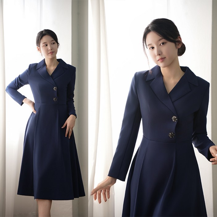 비비디아 네이비 롱원피스 여성 투버튼 자켓스타일 하객룩 오피스룩 단정한 정장 원피스 5539