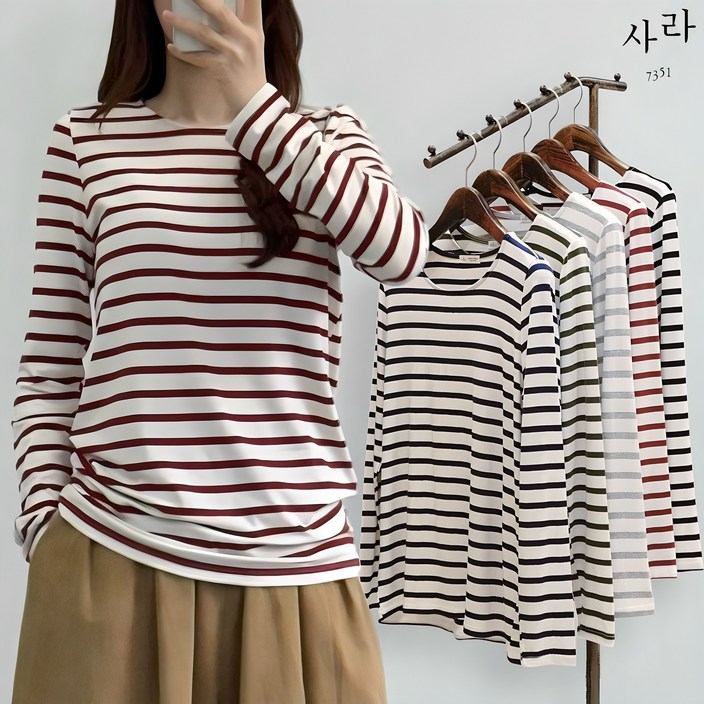 사라7351 찰랑보들 실켓스판 기본핏 스트라이프 티셔츠5컬러