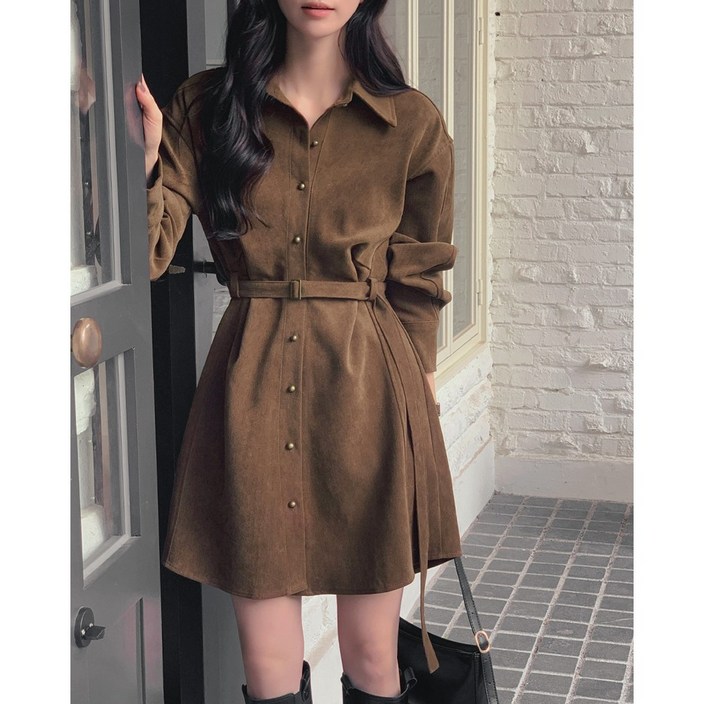 스타일 키 SK2600 여성 코듀로이 원피스 빈티지단추 카라넥 셔츠 미니 원피스(허리끈포함)