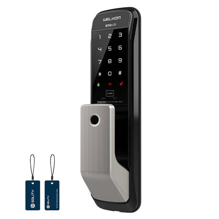 솔리티 웰콤 손잡이 있음 지문인식 무타공 푸시풀 도어록