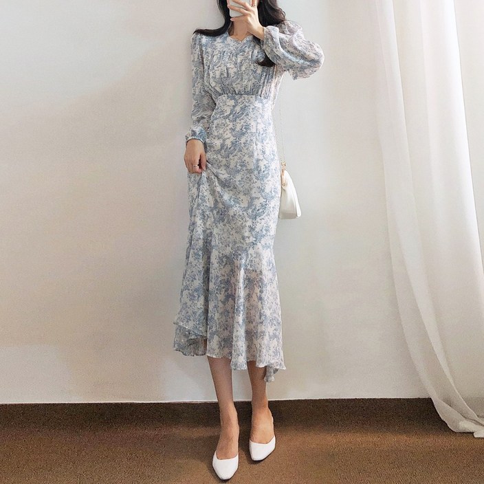 요시아나 당일발송 은은한 베르트랑 플라워 셔링 쉬폰 롱원피스 2컬러