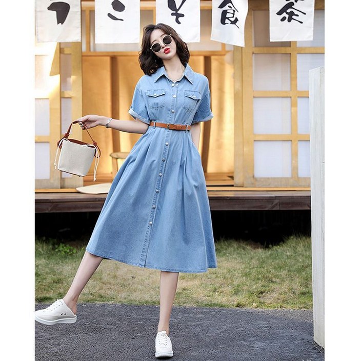 아이스 데님 원피스 여름 A라인 조임 미디스커트 D318