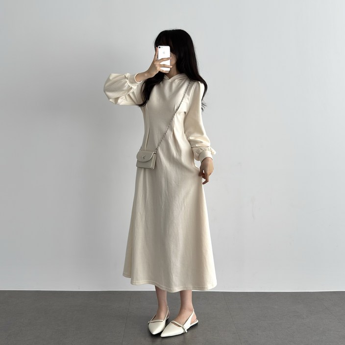 이버유 가을 후드원피스 빅사이즈 롱 허리밴딩 핀턱 H라인 캐주얼 부드러운 원피스