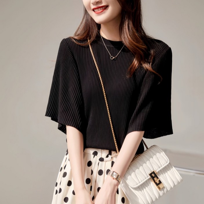 POMTOR 여성 여름 반팔 니트 루즈핏 라운드넥 니트티