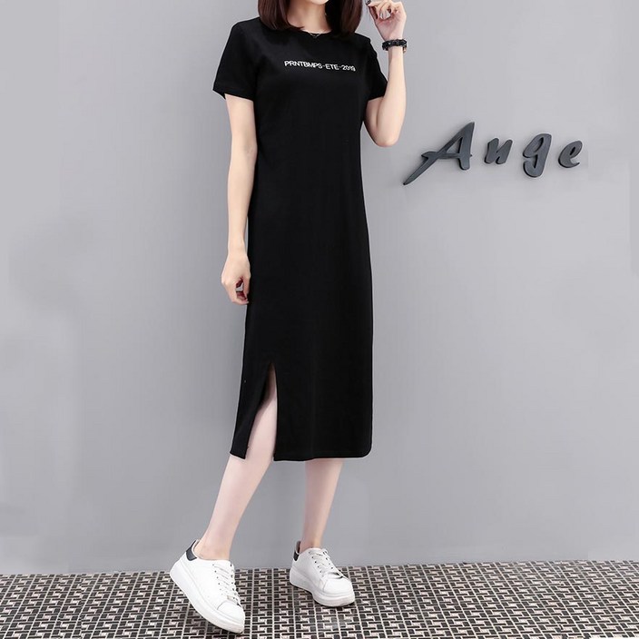 베씨 여성 빅사이즈 ETE2019 반팔 옆트임 롱원피스 티셔츠 여자