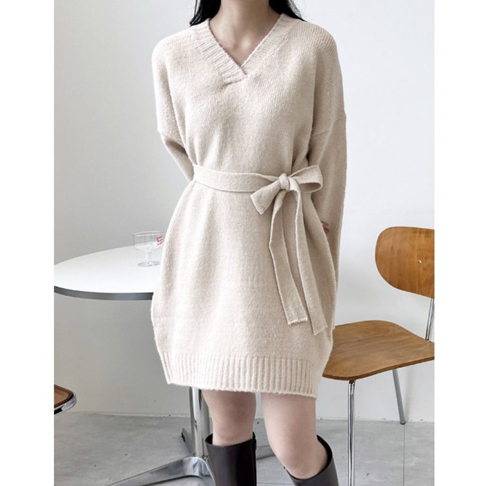 화인홈 원피스 미니 정장 봄원피스 결혼식 피로연 하객룩 20대 여자브이넥 스트랩 니트원피스