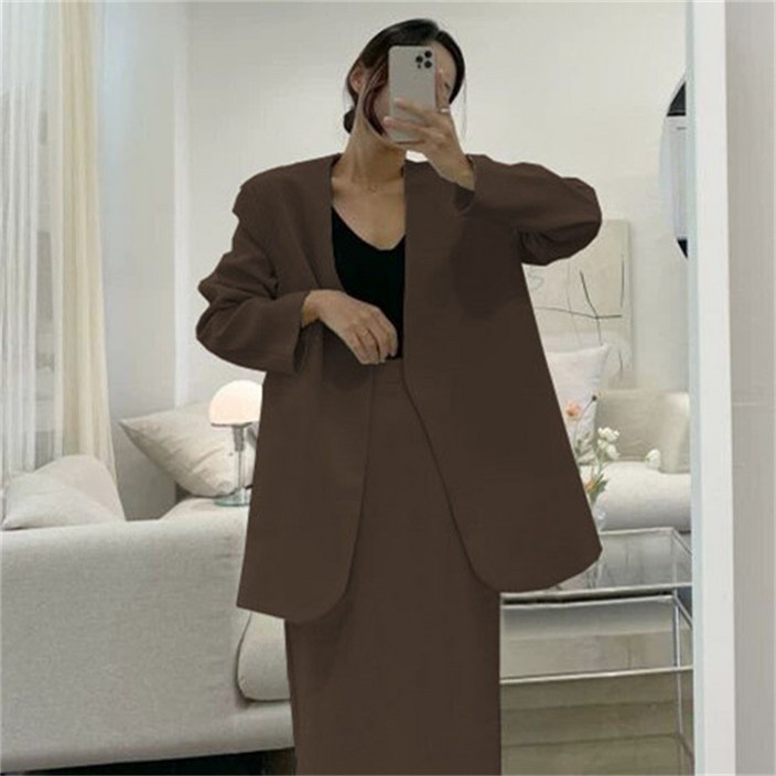 해피유통     여성 봄 가을 간절기 세미 정장 투피스 세트 오버핏 자켓 와이드 팬츠    LWJ