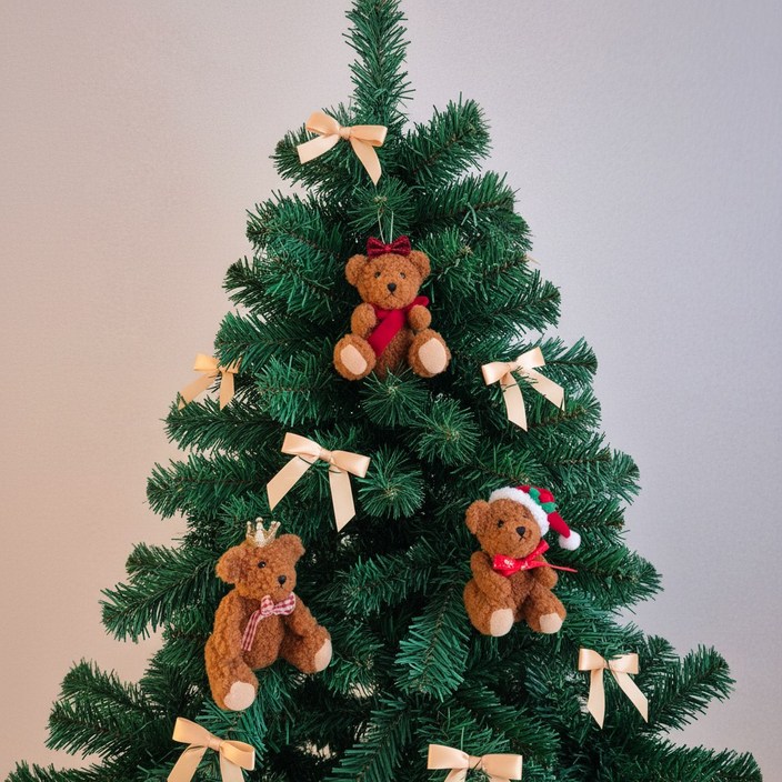 크리스마스 곰돌이인형 리본 세트 트리 장식 곰돌이트리 베어 추리 곰인형 츄리, 베이지 세트