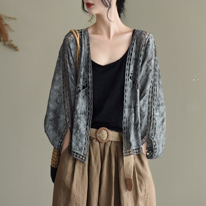 지디오 여성 레이스 가디건 자켓 꽃무늬 자수 펀칭 언발 노버튼 아우터 여름 여자가디건