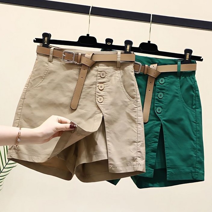 MOSAIRATION 여성 버튼 벨트 허리밴딩 카고 치마바지 순면 루즈핏 반바지 팬츠 K002605