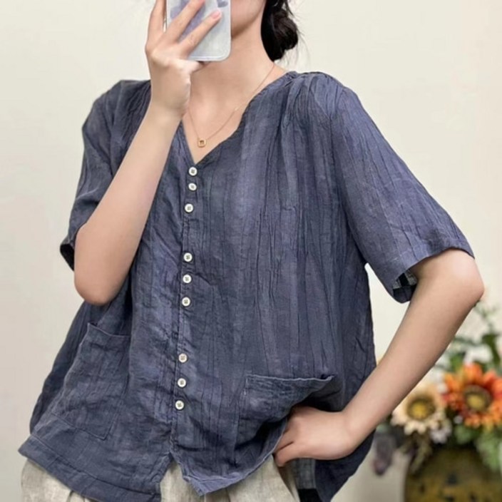 하마마스 천연염색 반팔 린넨블라우스 브이넥 하마마스 천연염색 반팔 린넨블라우스 브이넥
