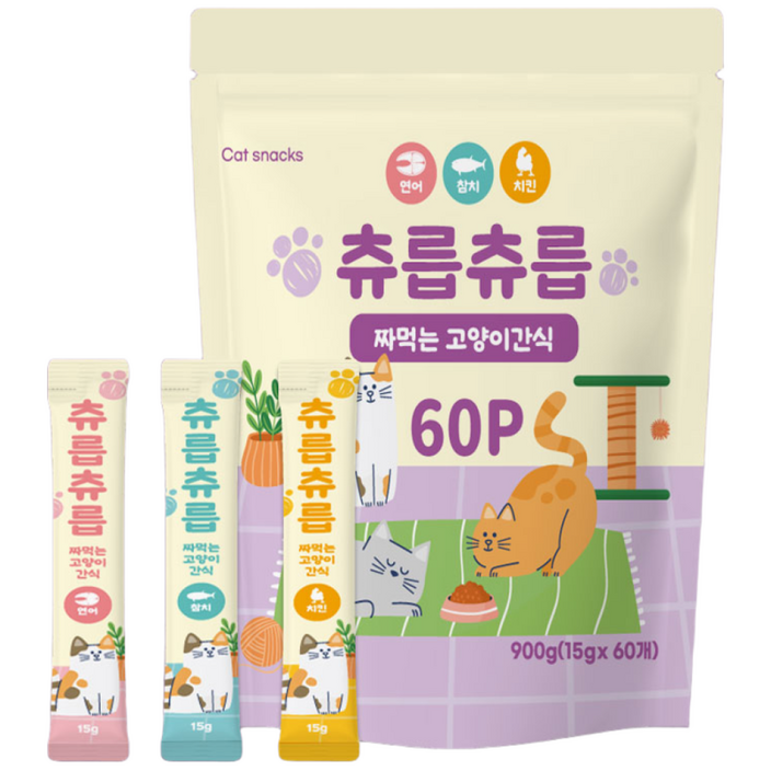 츄릅츄릅 짜먹는 츄르 고양이간식 60스틱 혼합팩 헤어볼케어, 2개, 연어치킨참치, 15g, 120개