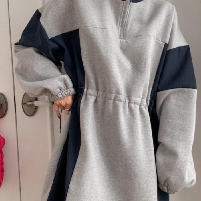 오버핏 기모 반집업 아노락 롱원피스 빅사이즈 허리스트링 트레이닝 맨투맨 원피스 겨울 데일리룩