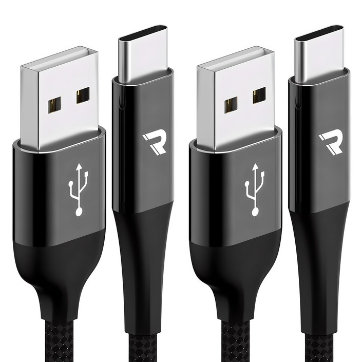 로랜텍 C타입 메탈 고속충전 패브릭 케이블, 1.2m, 블랙, 2개