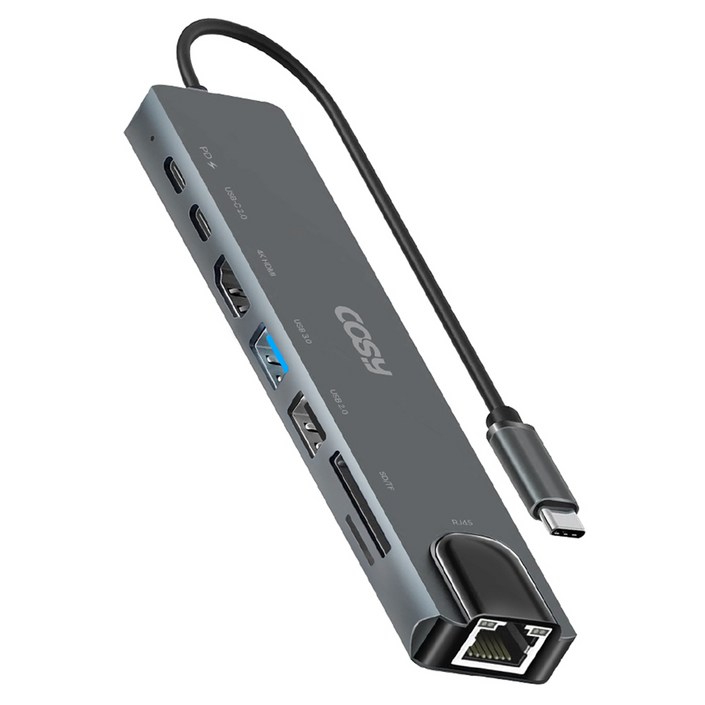 코시 8포트 C타입 이더넷 멀티 USB허브 PD USB3.0 USB A C타입 USB2.0 LAN 4K HDMI SD TF, 그레이, 1개