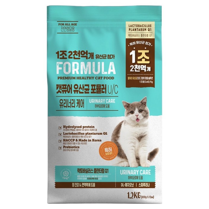 캣퓨어 고양이 유산균 포뮬러 U C 유리너리케어 사료, 1.2kg, 1개, 유리너리장건강 캣퓨어 고양이 유산균 포뮬러 U C 유리너리케어 사료, 1.2kg, 1개, 유리너리장건강