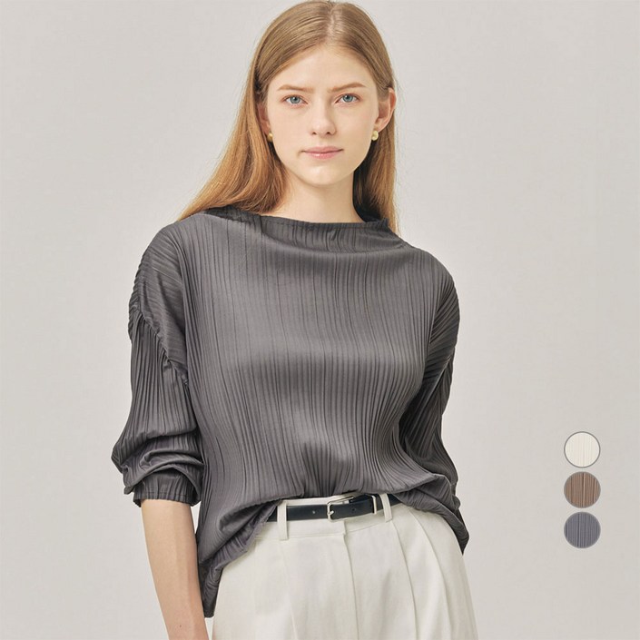 ELLEPARIS 여성용 모크넥 플리츠 사틴 블라우스