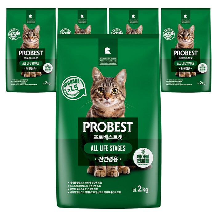 프로베스트 고양이 그린 전연령 기능성 사료, 헤어볼장건강, 2kg, 5개