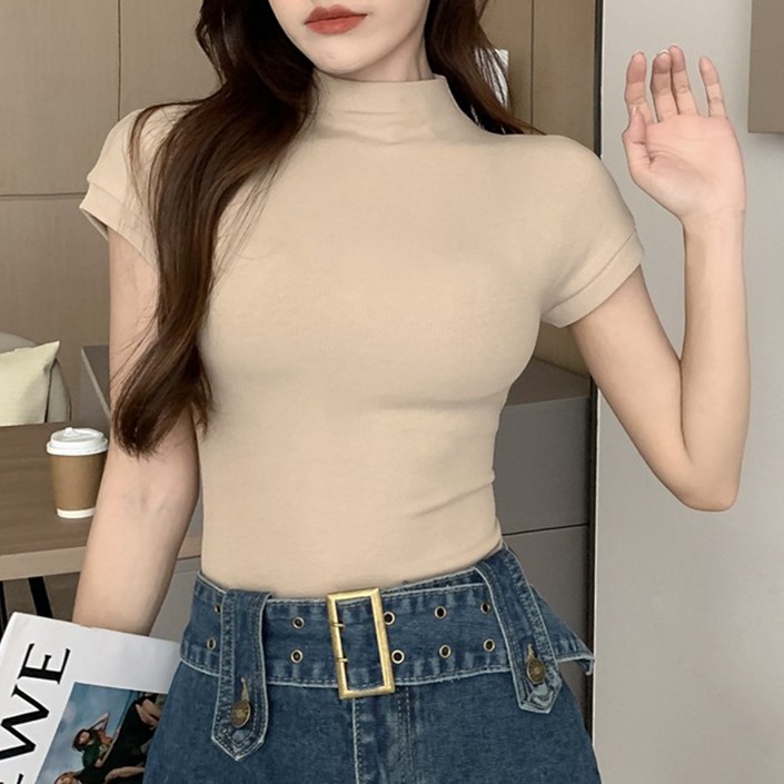 엘쏘 여성용 하프 터틀넥 슬림핏 반팔 티셔츠 엘쏘 여성용 하프 터틀넥 슬림핏 반팔 티셔츠