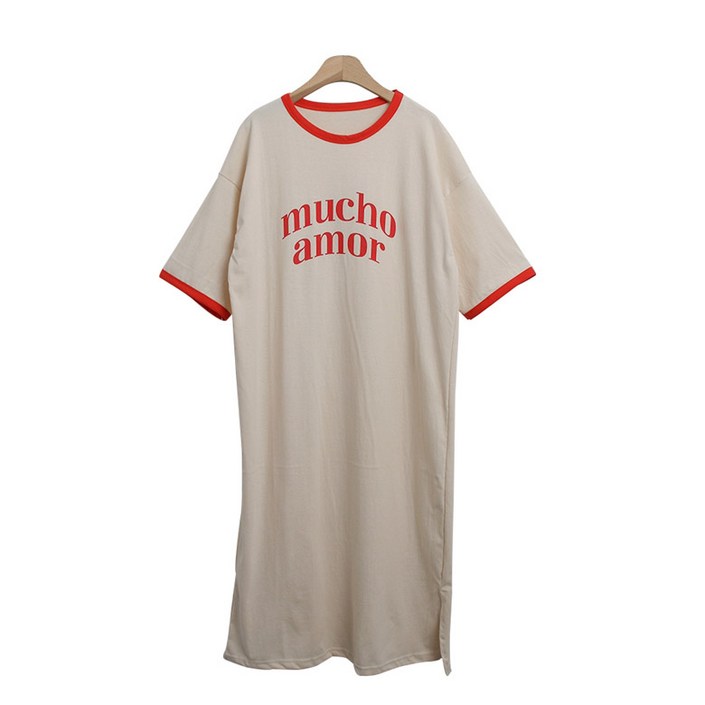 럽스 르모 레터링 5부 소매 롱 면 통기성 티셔츠 원피스