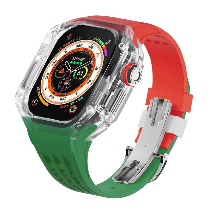 다비드 애플워치용 호환 플립형 일체형 스트랩 9 8 7 se 울트라 호환, 09.투명케이스실버그린레드스트랩, 1개