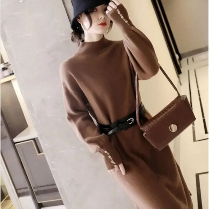 여성 러블리 원피스 럭셔리정장 가을 겨울 스웨터 솔리드 반폴라 벨트 니트 코트 힛템