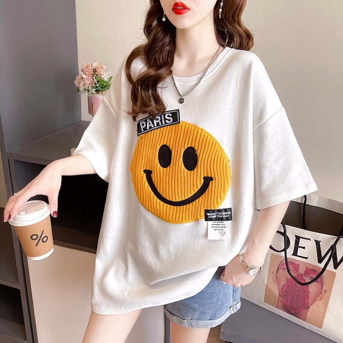 스타일아유 여성 오버핏 스마일 반팔 티셔츠 면100% 여름 라운드 프린팅 루즈핏 롱 데일리 캐주얼