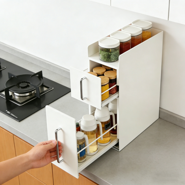 리빙가감법 2단 주방 틈새 공간 활용 튼튼한 철제 슬라이딩 수납장 미끄럼 방지 양념통 컵 물병 서랍형 주방 정리함, 1개, 화이트