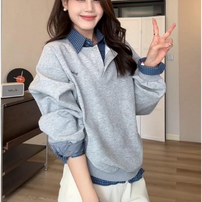 SAHINER 겨울 여성 기모안감 하프단추 셔츠 레이어드 맨투맨 L342