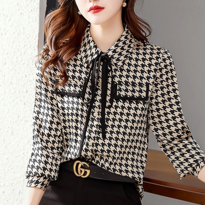 바니드 여성의류 셔츠 스타일 하운드투스 세련된 체크 긴팔블라우스 6001