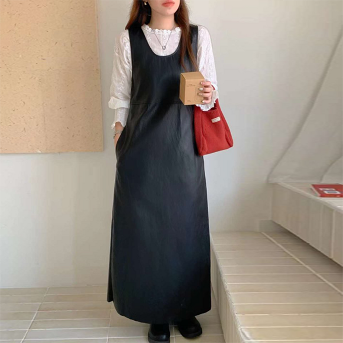 NewCare 여성 레더 원피스 트렌디 가죽 원피스