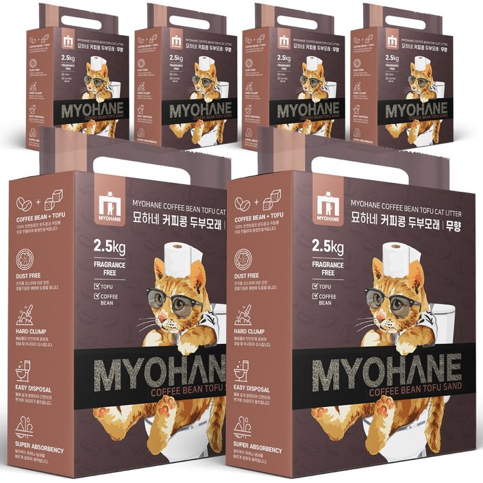 묘하네 냄새 싹 잡아주는 가는입자 고양이 두부모래, 6개, 7L, 커피콩두부모래 무향