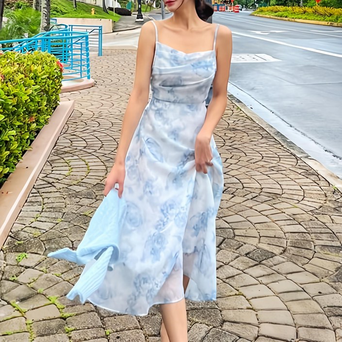 4466 비키비키 로웰라 원피스 여름 비치 롱 끈 셔링 플라워 드레이프넥 스모그밴딩 바캉스 휴양지원피스