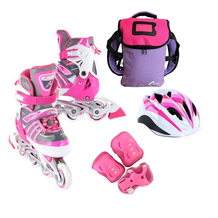 [인라인 SET] 사이즈 조절형 발광바퀴 인라인 스케이트+헬멧+보호대+가방, 에이스 핑크 SET