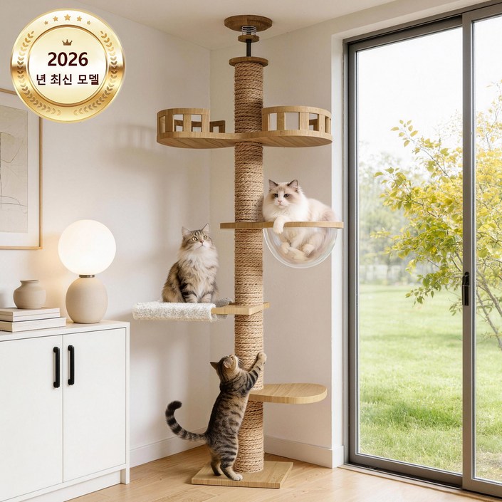 고양이 등반용 원목 우주선 디자인,바닥 설치형 두꺼운 합판 캣 하우스,대형 캣 타워  캣 스크래처 포스트,고양이 워크웨이,가정용 다층 캣 점프대,뛰어난 안정성,운동 부족 해결, 향상된 모델, 1개