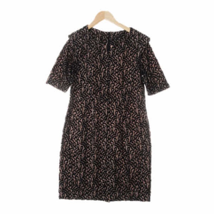 발렌시아 블랙베이지 비정형곡선패턴 면혼방 하트넥레이스반팔원피스 66