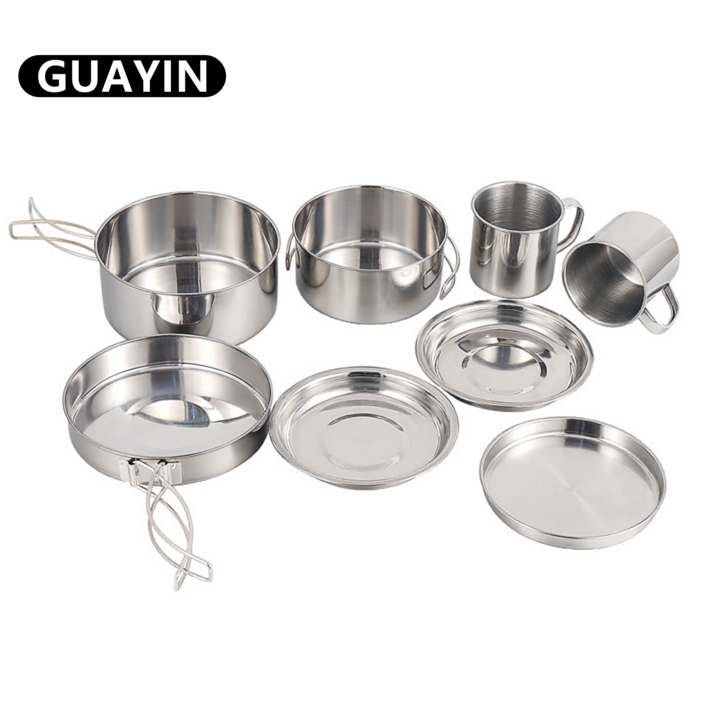 Guayin 스텐 캠핑 코펠 세트 아웃도어 야외 주방용품 식기 그릇 컵 냄비세트 8p 2-3인용 GYC090, 은색, 1세트